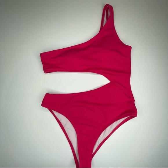 Shade & Shore One Shoulder Cut Out Ribbed One Piece Swim Pink S - Picture 12 of 14